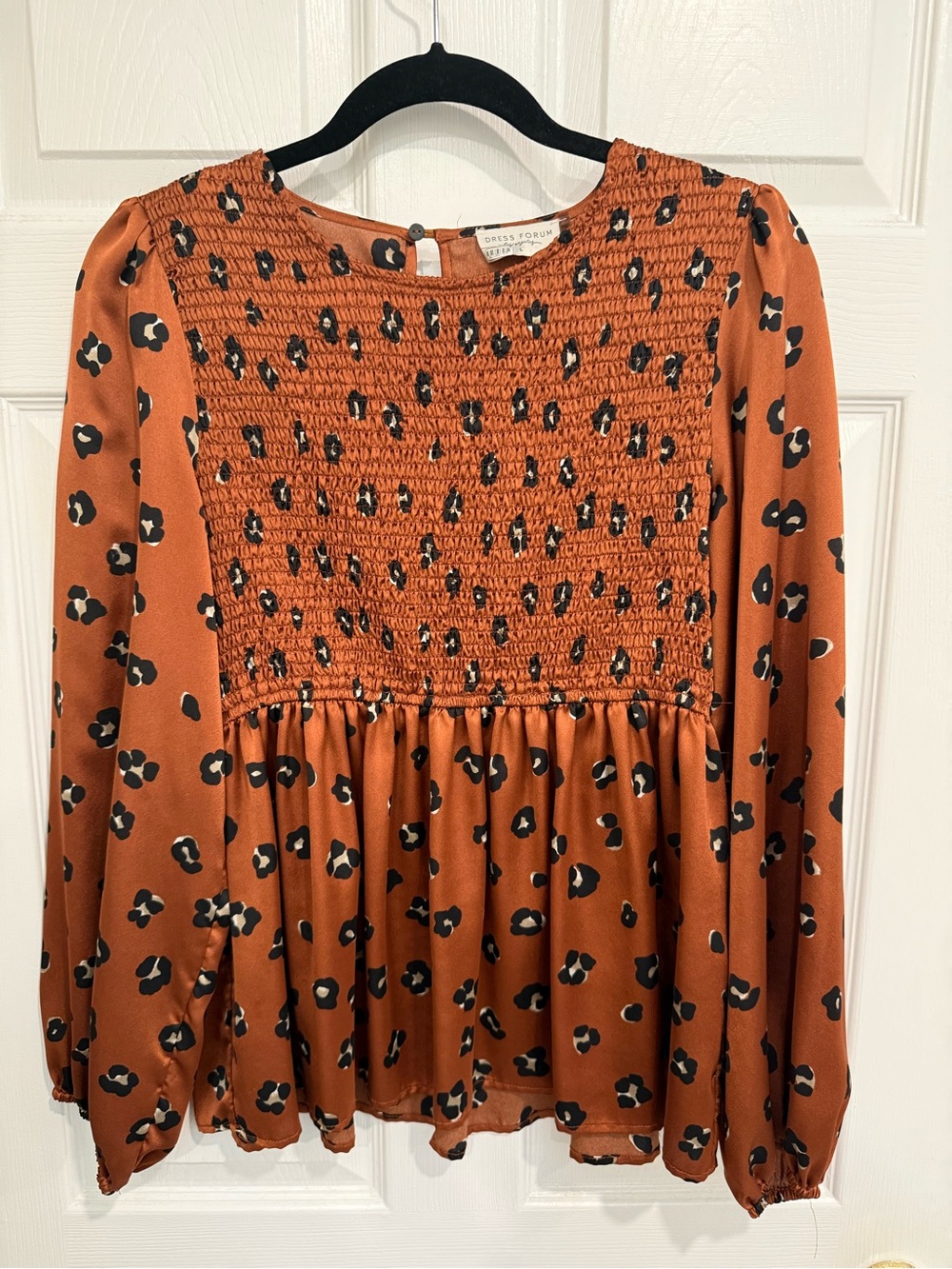 Dress Forum Rust Leopard Smocked Peplum Blouse